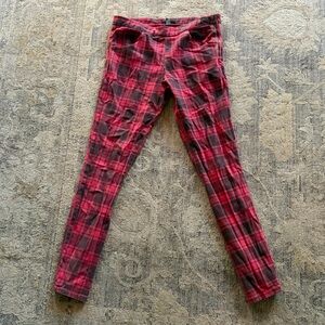 Red and black tartan straight leg jeans with zipper detail